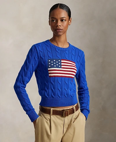 Polo Ralph Lauren Women's Flag Cable-Knit Cropped Sweater