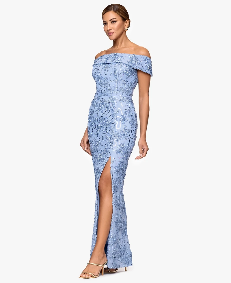 Xscape Petite Straight Neck Off-The-Shoulder Long Dress