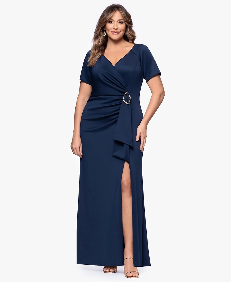 Xscape Plus Short-Sleeve V-Neck Long Dress