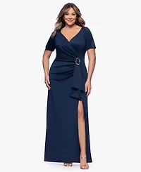 Xscape Plus Short-Sleeve V-Neck Long Dress