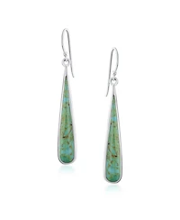Bling Jewelry Boho Blue Stabilized Turquoise Inlay Long Flat Teardrop Shaped Dangle Earrings Sterling Silver French Wire