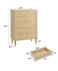 Gaomon Rattan 5 Drawer Dresser, 44'' Tall Narrow Chest, Farmhouse Wood Dresser with Metal Legs, Bedroom Cabinet