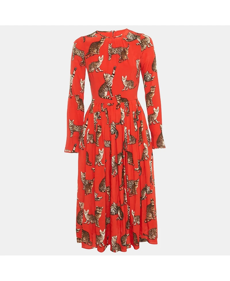 Pre-Owned Dolce & Gabbana Women's Red Cat Print Silk Midi Dress