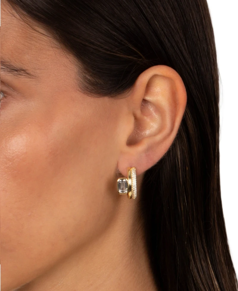 by Adina Eden Cubic Zirconia Gold Plated Gold Plated Emerald Bezel Double Row Huggie Earrings