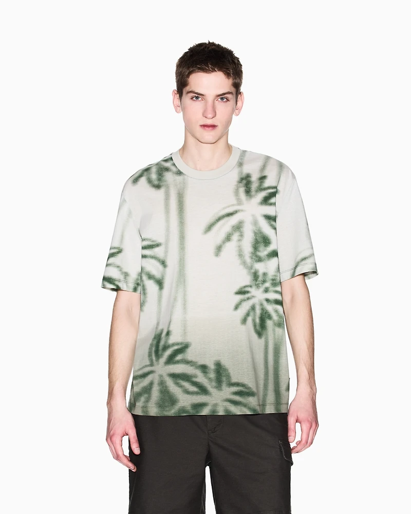 A|X Armani Exchange Men's Short Sleeve Palm Tree Print Crewneck T-Shirt