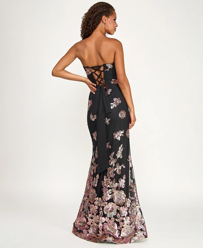 City Studios Juniors' Sequin Flower Long Slim Gown