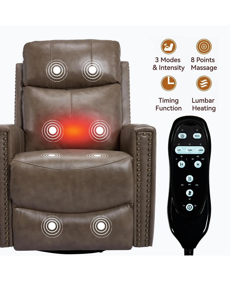 Casainc Genuine Leather Heat Massage Manual Recliner Chair with Rocker and Swivel
