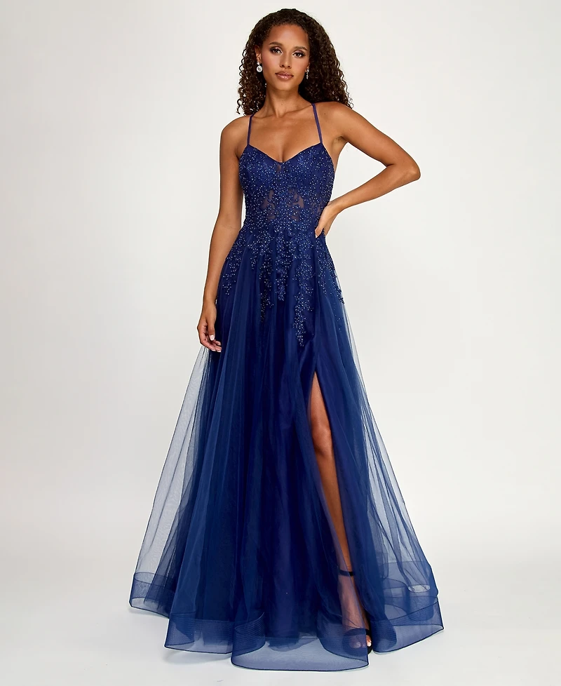 Say Yes Juniors' Embroidered Applique Side-Slit Ball Gown, Created for Macy's