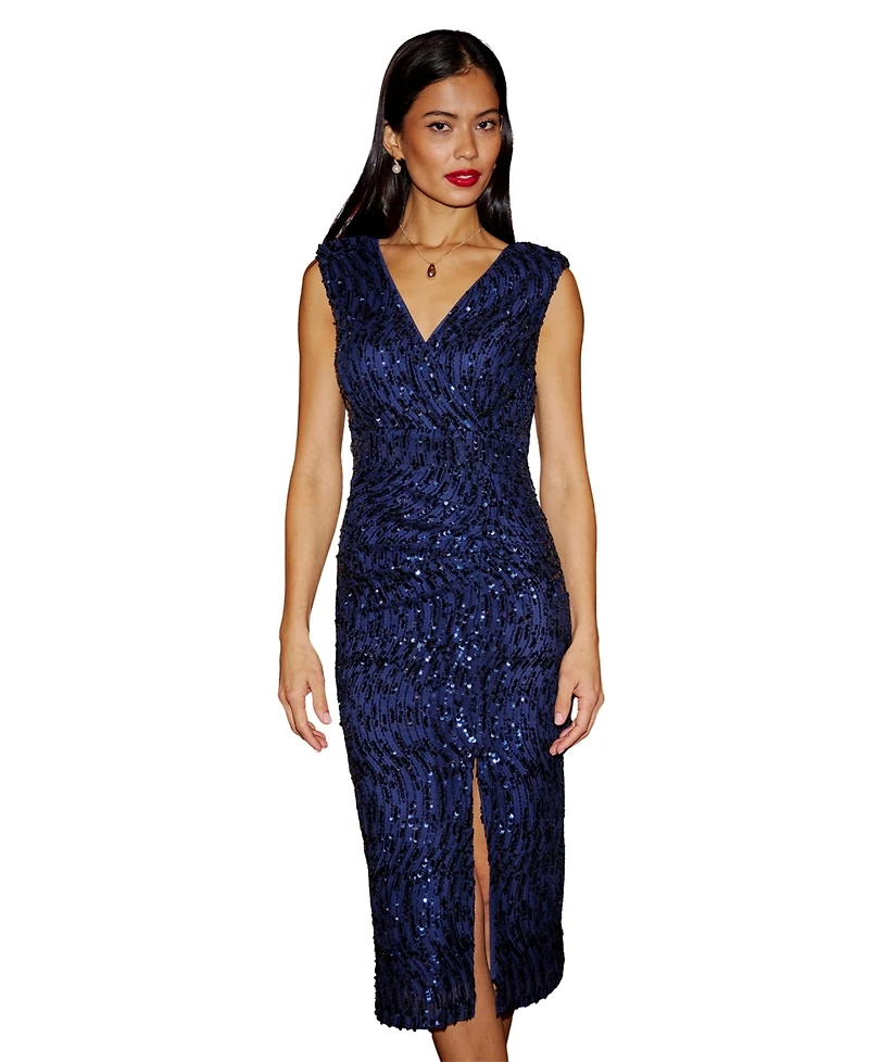 Yumi Women's Sequin Fitted Wrap Dress With Split Hem