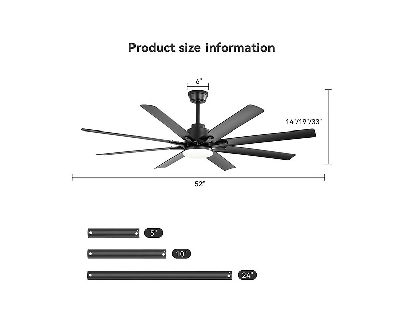 Sofucor 52-inch Modern Exquisite Black 8-Blade Ceiling Fans with Adjustable Led Lights and Intelligent Remote Control