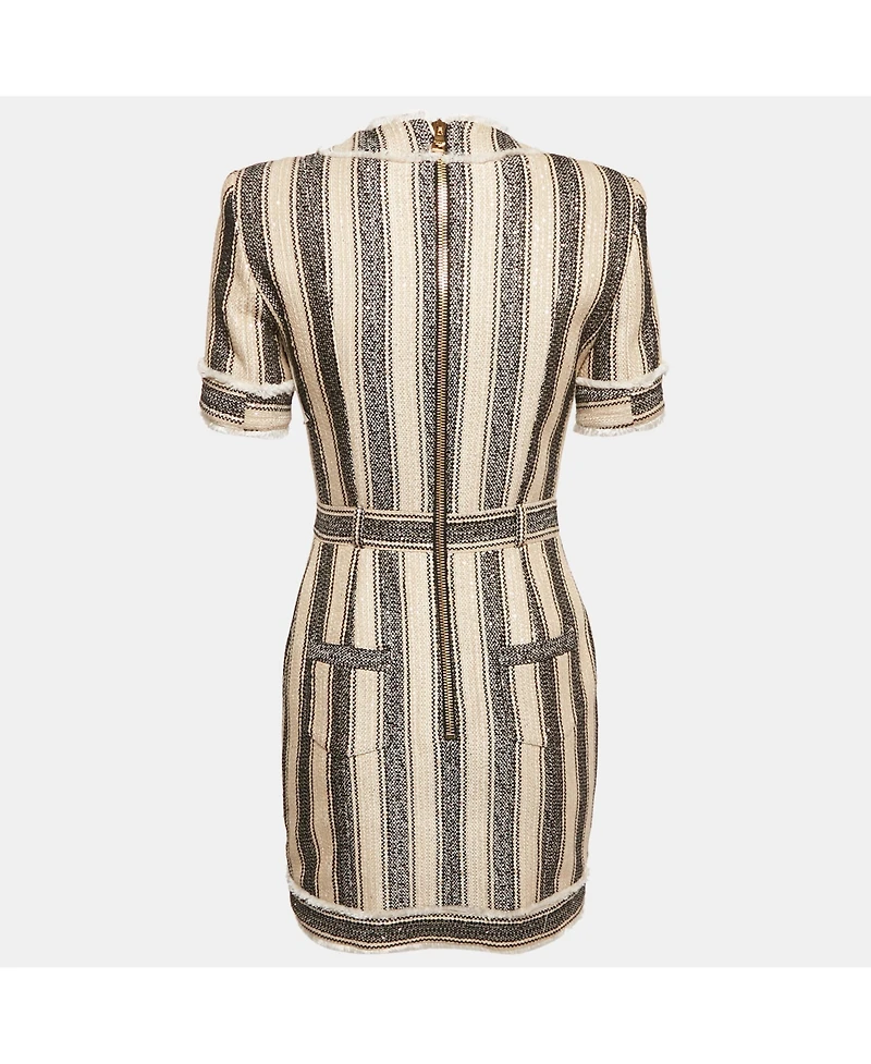 Pre-Owned Balmain Women's Beige/black Frayed Sequin Striped Piqué Mini Dress