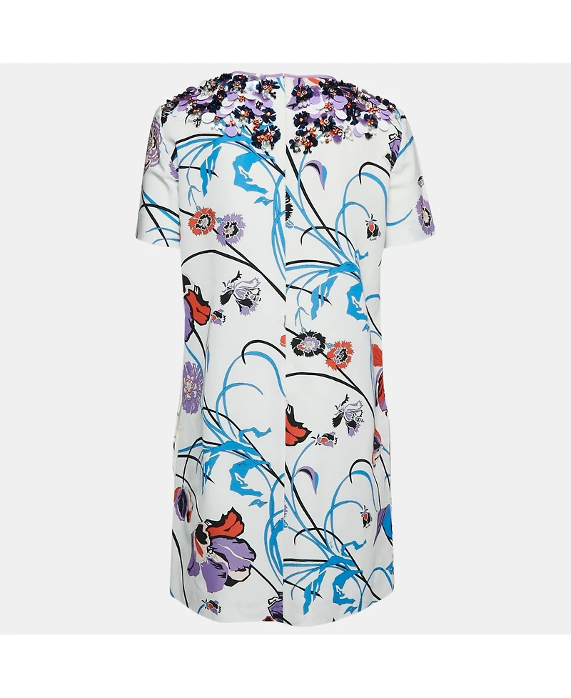 Pre-Owned Emilio Pucci Women's White Floral Cotton Blend Embellished Mini Dress