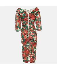 Pre-Owned Dolce & Gabbana Women's Red Geranium Print Silk Chiffon Ruched Dress