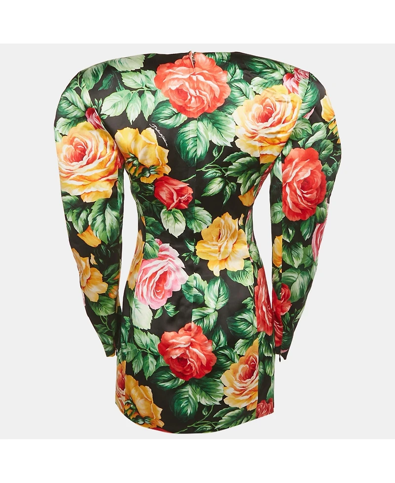 Pre-Owned Dolce & Gabbana Women's Black Floral Print Satin Puff Sleeve Mini Dress