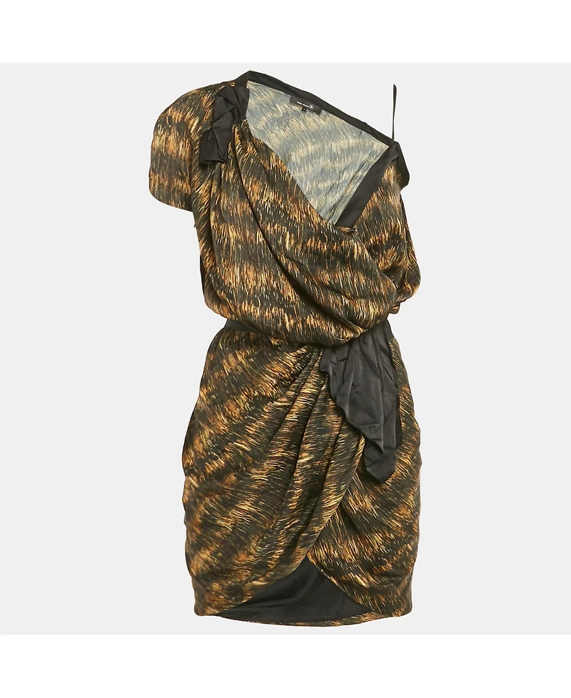 Pre-Owned Isabel Marant Women's Black Printed Satin Asymmetric Wrap Mini Dress
