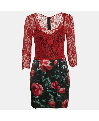 Pre-Owned Dolce & Gabbana Women's Red/black Lace And Floral Print Crepe Mini Dress
