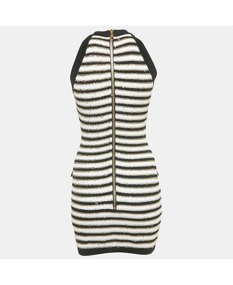 Pre-Owned Balmain Women's Black/ White Striped Rib Knit Mini Bodycon Dress