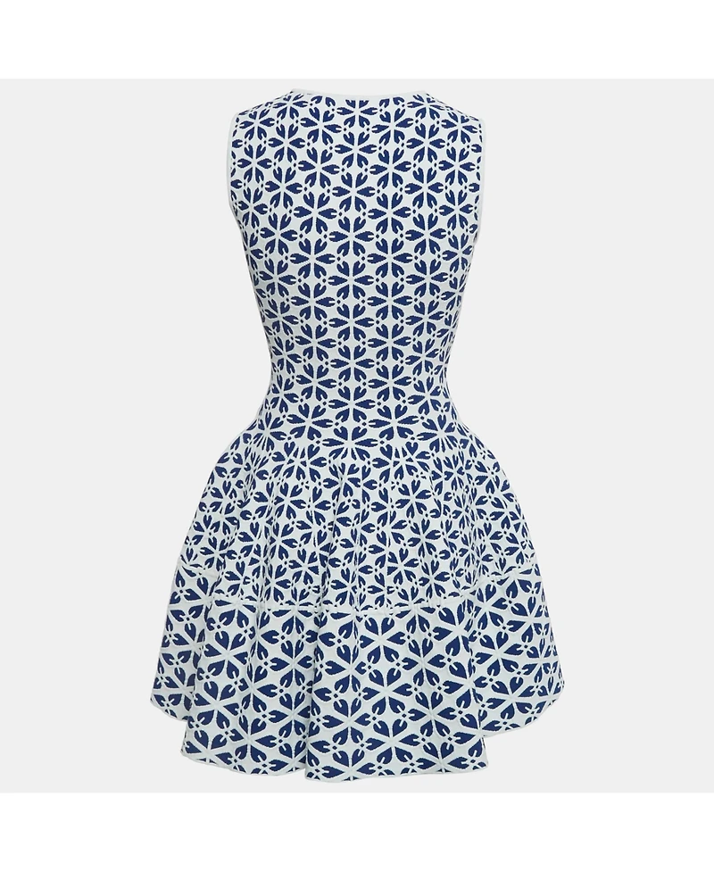 Pre-Owned Alexander Mcqueen Women's White/blue Floral Pattern Stretch Knit Mini Dress
