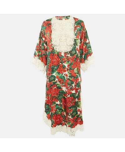 Pre-Owned Dolce & Gabbana Women's Red/multicolor Geranium Print Silk Blend Lace Trimmed Midi Dress
