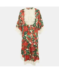 Pre-Owned Dolce & Gabbana Women's Red/multicolor Geranium Print Silk Blend Lace Trimmed Midi Dress