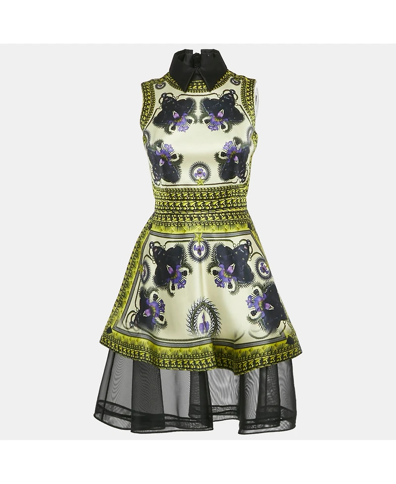 Pre-Owned Givenchy Women's Yellow Panther Print Satin Tulle Trim Short Dress