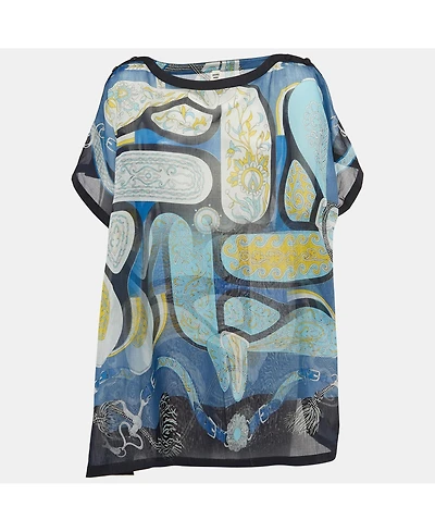 Pre-Owned Hermes Women's Blue Printed Sheer Cotton Kaftan Mini Dress One