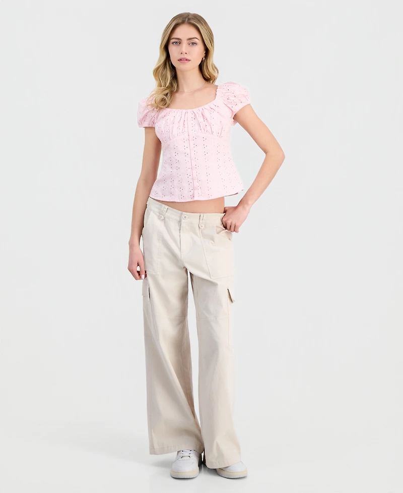 Just Polly Juniors' Eyelet Short-Sleeve Button-Front Top