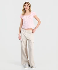 Just Polly Juniors' Eyelet Short-Sleeve Button-Front Top