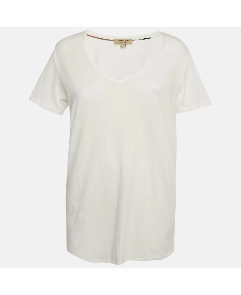 Pre-Owned Burberry Women's White Logo Embroidered Cotton V-Neck T-Shirt
