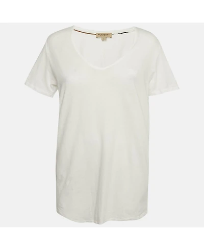 Pre-Owned Burberry Women's White Logo Embroidered Cotton V-Neck T-Shirt