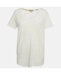 Pre-Owned Burberry Women's White Logo Embroidered Cotton V-Neck T-Shirt