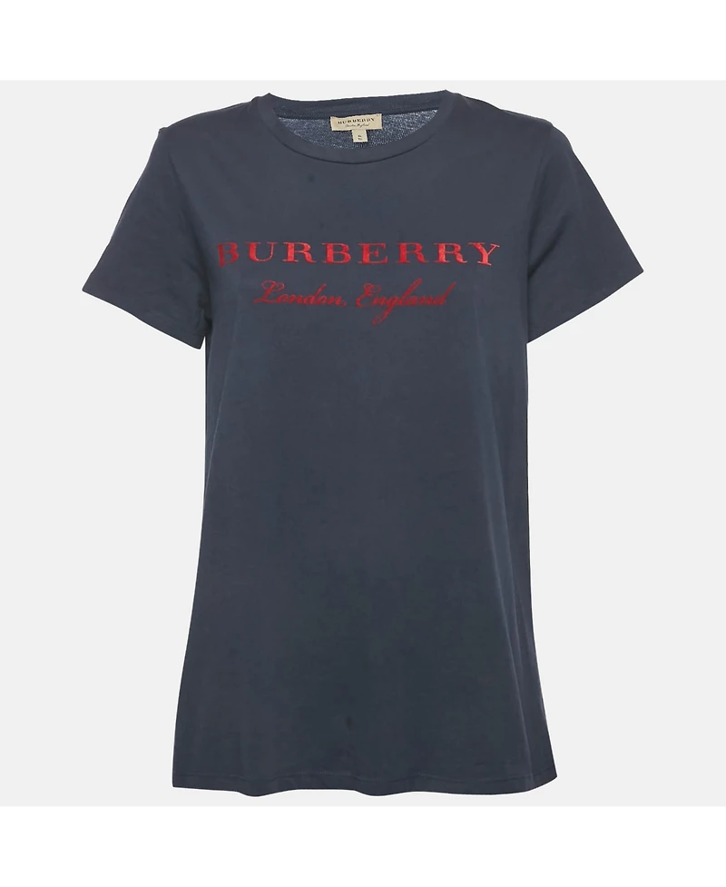 Pre-Owned Burberry Women's Navy Blue/red Logo Flocked Jersey T-Shirt