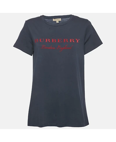Pre-Owned Burberry Women's Navy Blue/red Logo Flocked Jersey T-Shirt