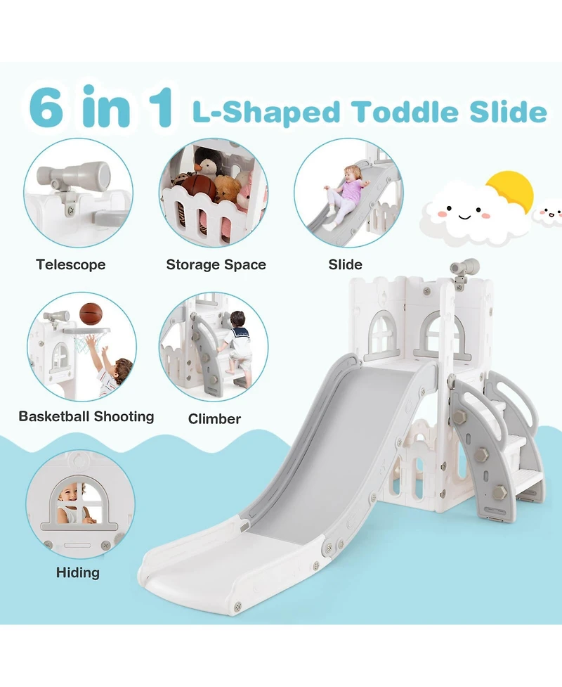 6 1 L-shaped Toddle Slide for Toddlers Age 1-3 Baby with Basketball Hoop