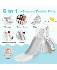 6 1 L-shaped Toddle Slide for Toddlers Age 1-3 Baby with Basketball Hoop