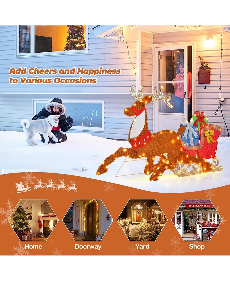 Lighted 2D Christmas Reindeer and Sleigh Decoration Pre-Lit Glittered Decoration