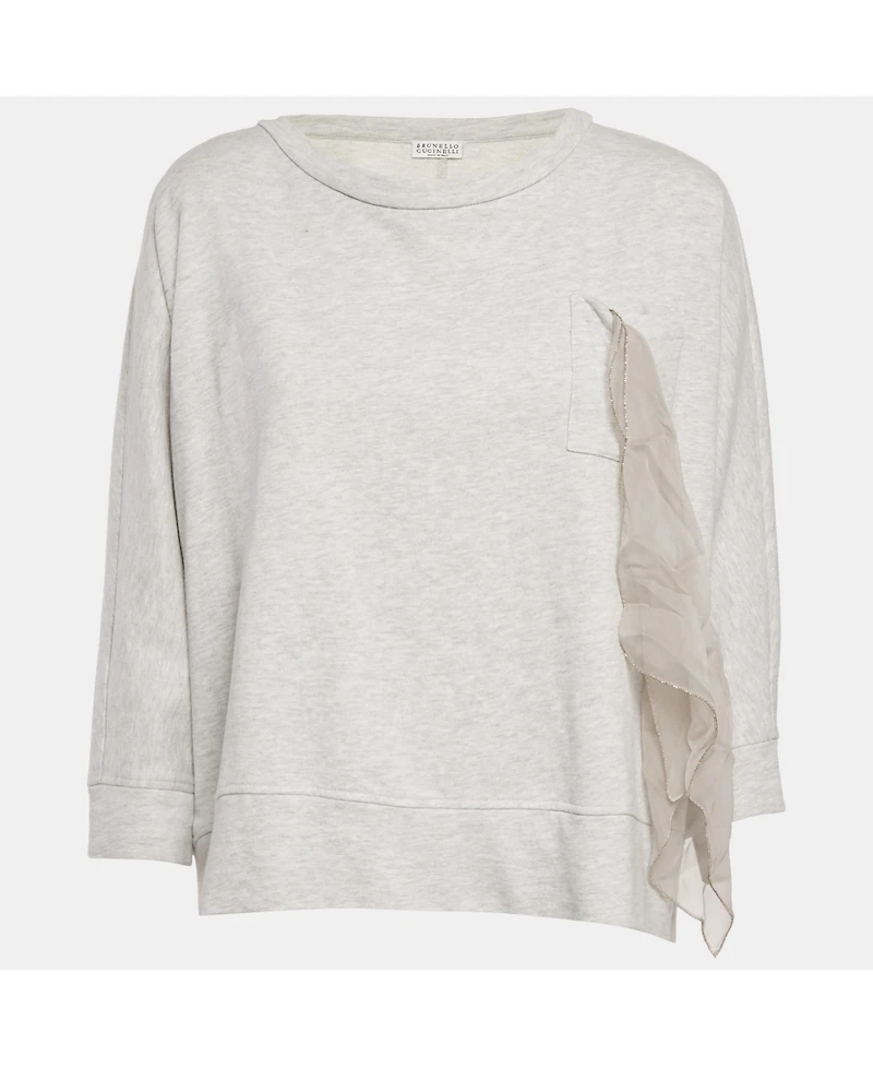 Pre-Owned Brunello Cucinelli Women's Grey Cotton Jersey Ruffled Monili Pocket Detail Sweatshirt