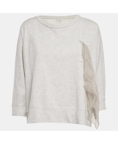 Pre-Owned Brunello Cucinelli Women's Grey Cotton Jersey Ruffled Monili Pocket Detail Sweatshirt