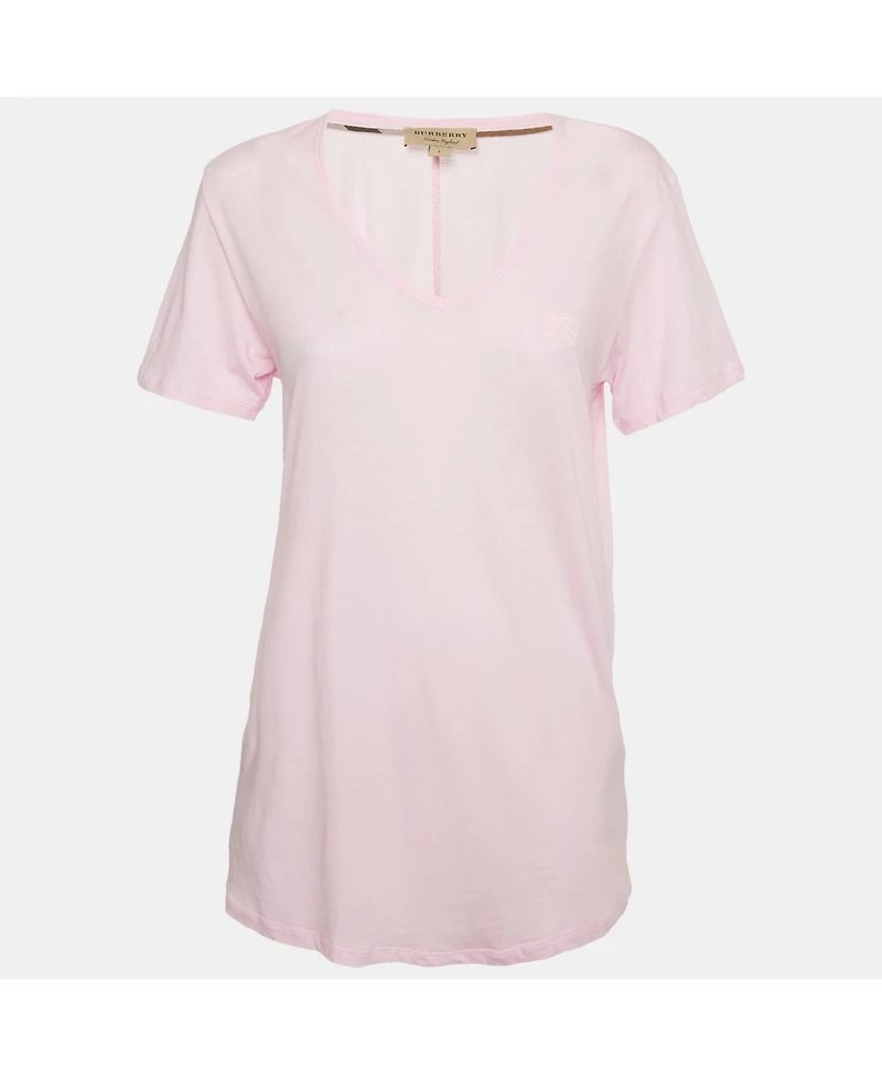 Pre-Owned Burberry Women's Pink Logo Embroidered Cotton V-Neck T-Shirt