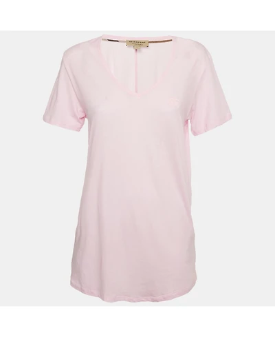 Pre-Owned Burberry Women's Pink Logo Embroidered Cotton V-Neck T-Shirt