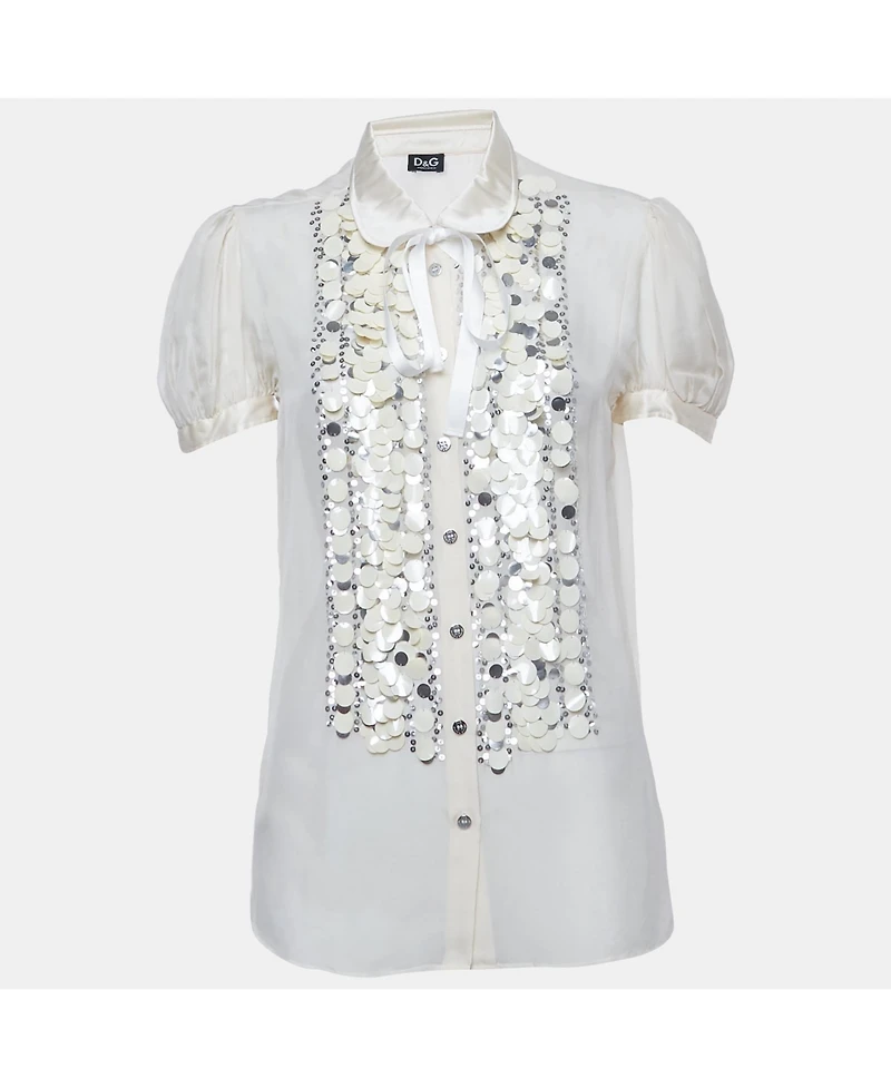 Pre-Owned Dolce & Gabbana Women's Pre-Owned D&g Beige Sequin Embroidered Silk Shirt