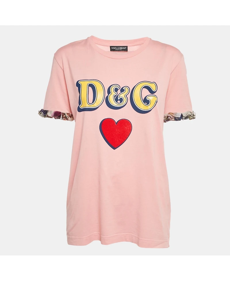 Pre-Owned Dolce & Gabbana Women's Pink Logo Print Jersey Crewneck T-Shirt