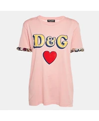 Pre-Owned Dolce & Gabbana Women's Pink Logo Print Jersey Crewneck T-Shirt