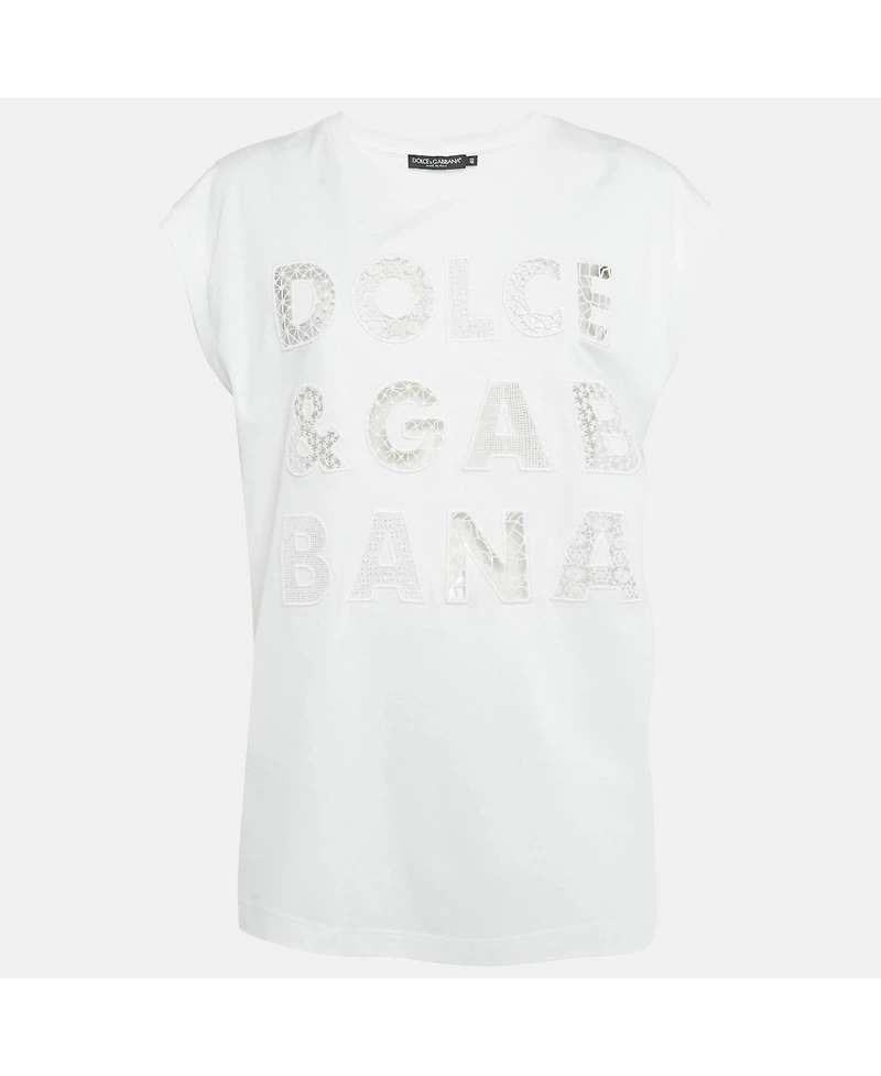 Pre-Owned Dolce & Gabbana Women's Cotton Logo Embellished Detail Cap Sleeve T-Shirt