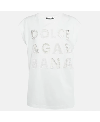 Pre-Owned Dolce & Gabbana Women's Cotton Logo Embellished Detail Cap Sleeve T-Shirt