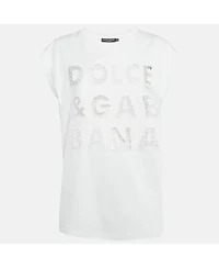 Pre-Owned Dolce & Gabbana Women's Cotton Logo Embellished Detail Cap Sleeve T-Shirt