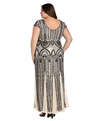 R & M Richards Plus V-Neck Sequin Design Long Dress