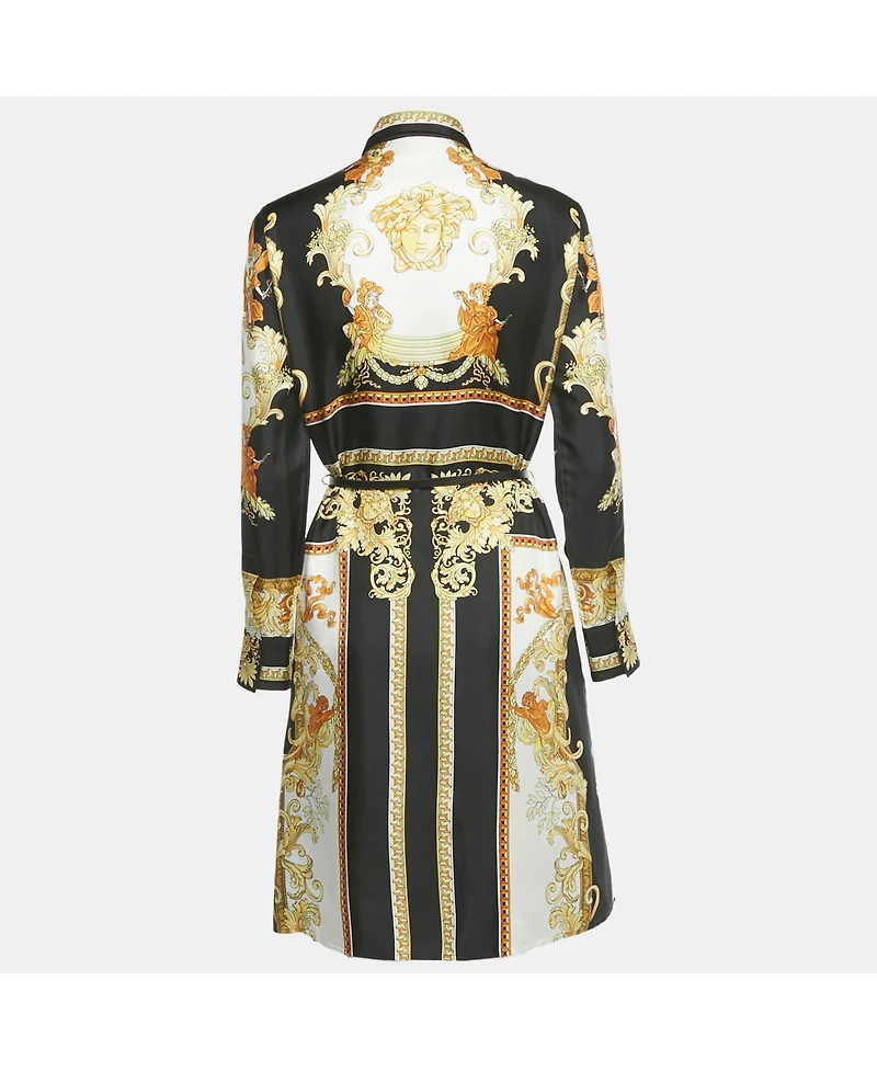 Pre-Owned Versace Women's Black/yellow Barocco Print Silk Belted Shirt Dress