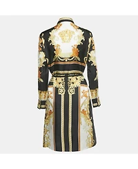 Pre-Owned Versace Women's Black/yellow Barocco Print Silk Belted Shirt Dress