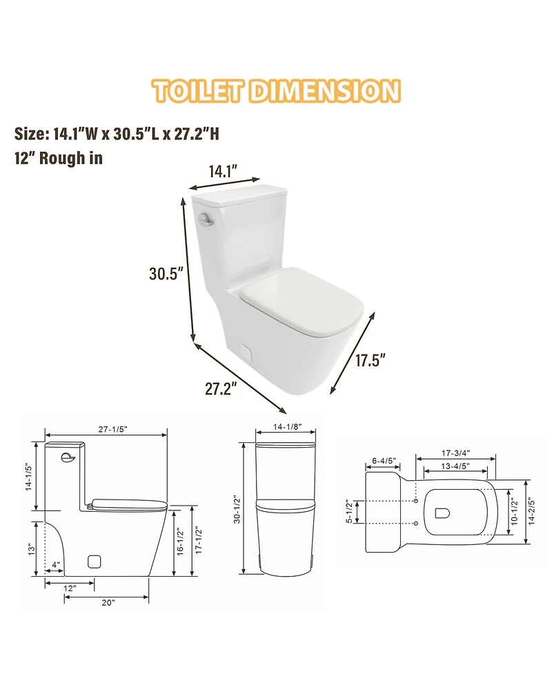 Casainc One Piece Modern Elongated Bathroom Fixture,Siphonic Jet,Comfort Chair Height,Soft-Close Seat,Glazed Surface